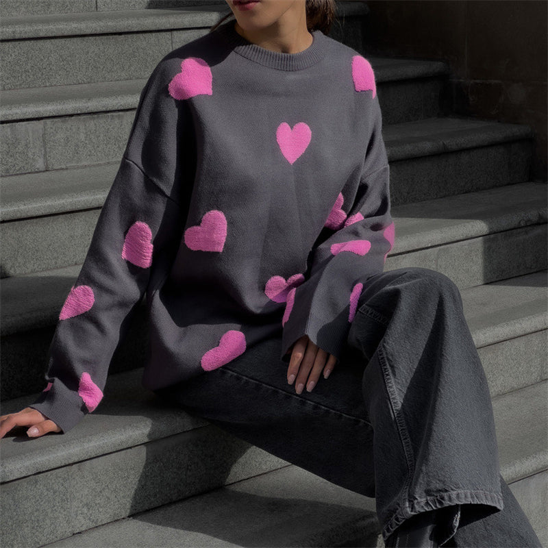 Long Sleeve Loose Heart-Shaped round Neck Sweater for Women Autumn and Winter