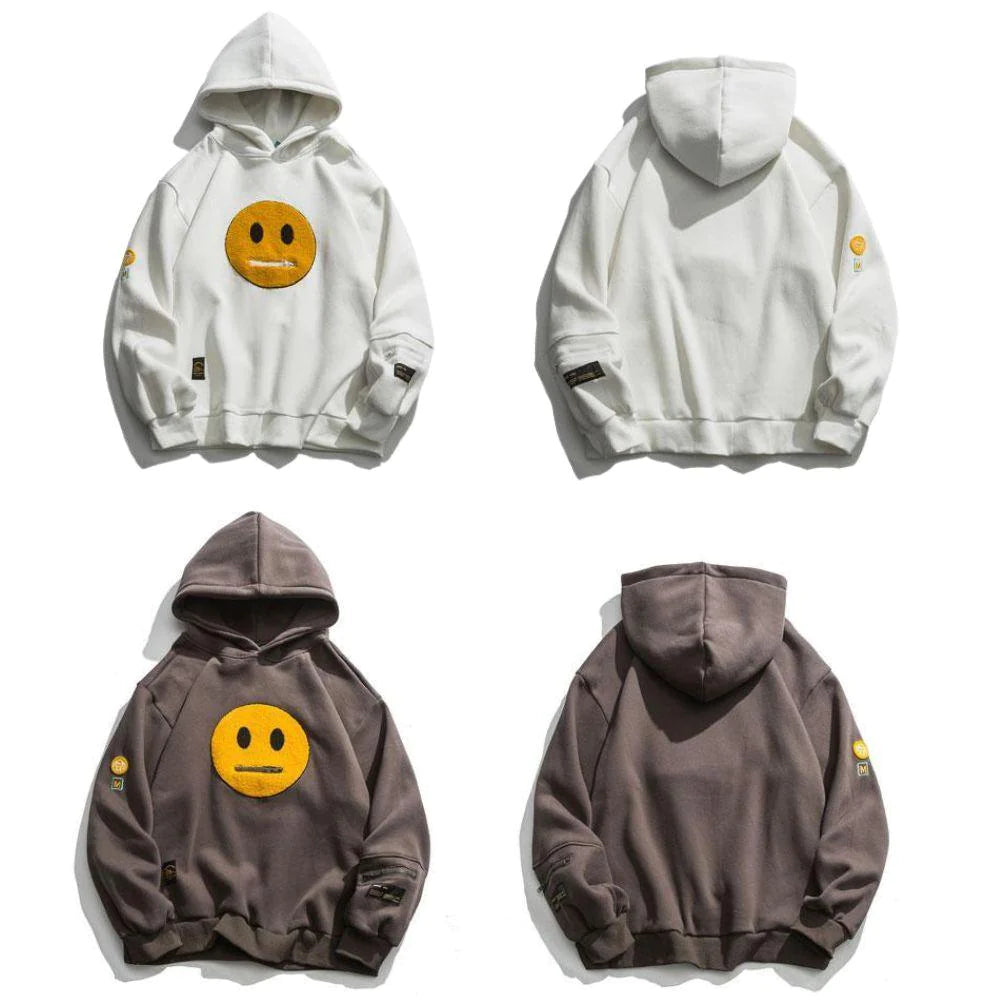 Smiley Face Zipper Pocket Unisex Hoodie: Streetwear Skater Fashion with an Emoji