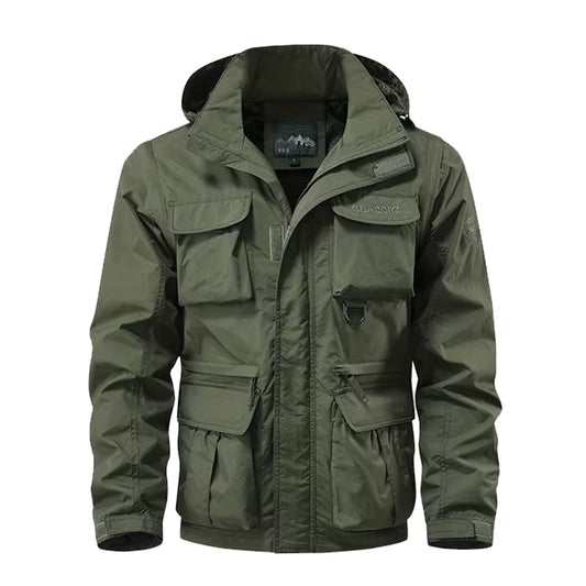 Detachable Windproof Hooded Jacket, Men'S Casual Waterproof Multi Bag Cargo Jacket Vest Suitable for Outdoor Activities