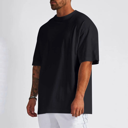 Men Summer Pure Cotton Shirt Oversized Shirt Solid Color Large Size Short Sleeve round Shoulder Sleeve Top Summer Washed T Shirt