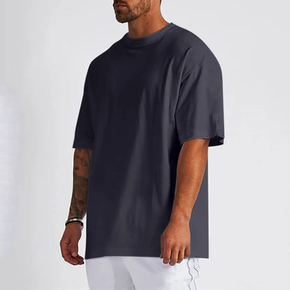 Men Summer Pure Cotton Shirt Oversized Shirt Solid Color Large Size Short Sleeve round Shoulder Sleeve Top Summer Washed T Shirt