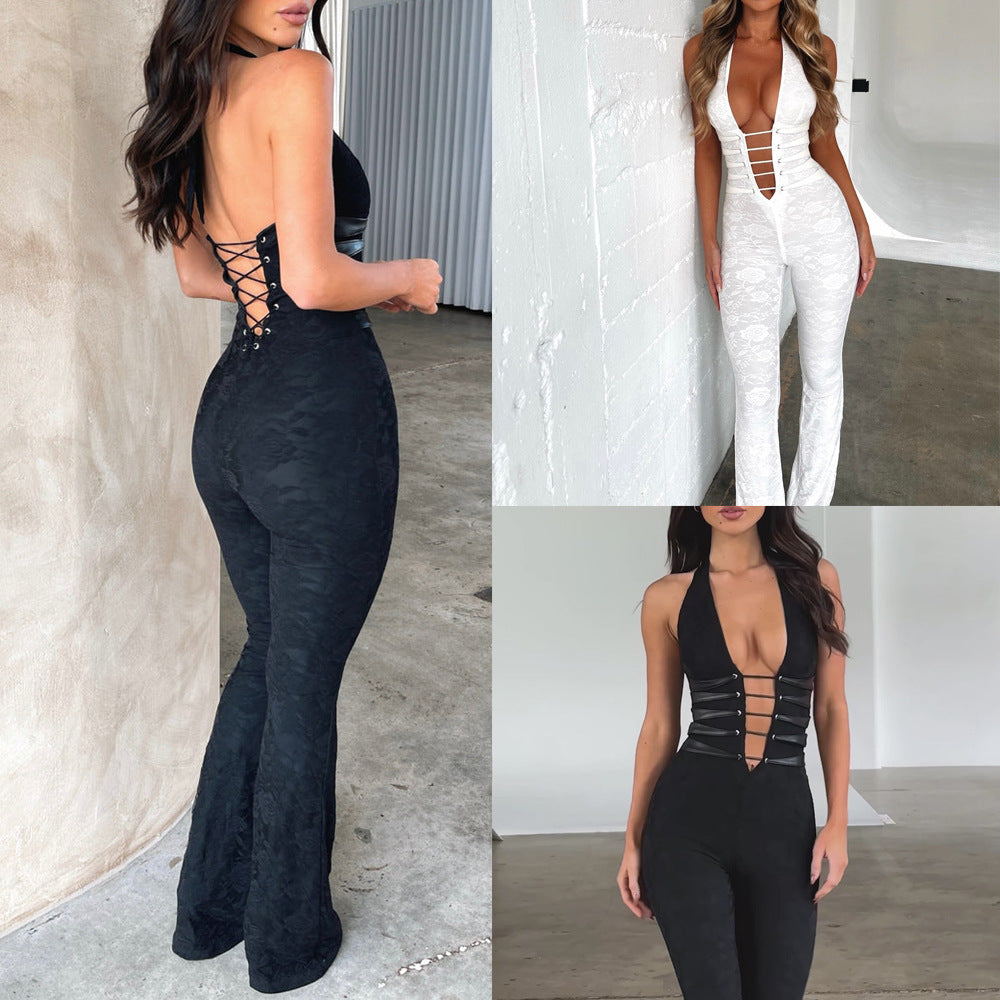 Lash Rope Lace up Slim Fit Jumpsuit See-Through