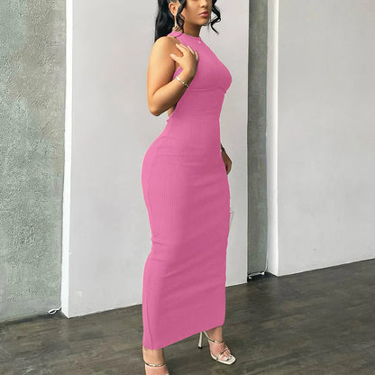 Ribbed Solid Hollow Out Backless Sleeveless Sexy Slit Mini Dress Bodycon 2025 Spring Women Outfits Elegant Party Y2K