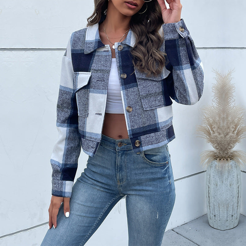 Plaid Lapel Cropped Jacket with Pockets Fashion Button Long Sleeve Short Outwear Tops Coat for Womens Clothing