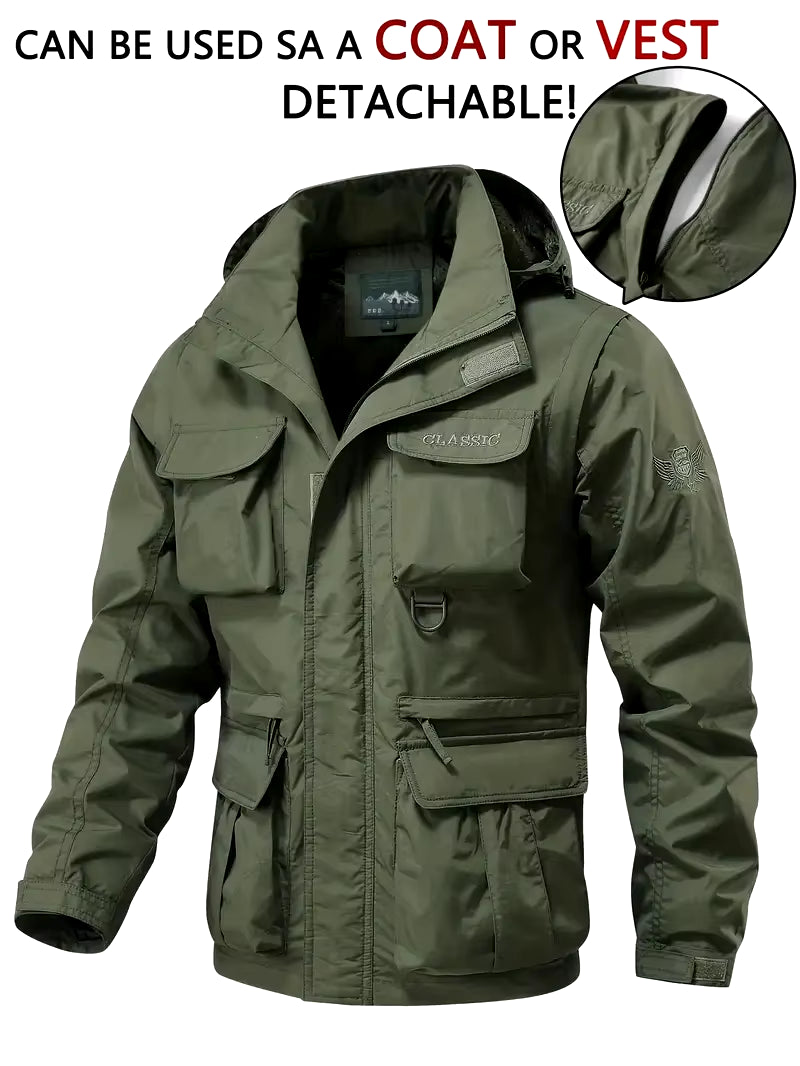 Detachable Windproof Hooded Jacket, Men'S Casual Waterproof Multi Bag Cargo Jacket Vest Suitable for Outdoor Activities