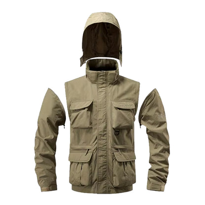 Detachable Windproof Hooded Jacket, Men'S Casual Waterproof Multi Bag Cargo Jacket Vest Suitable for Outdoor Activities