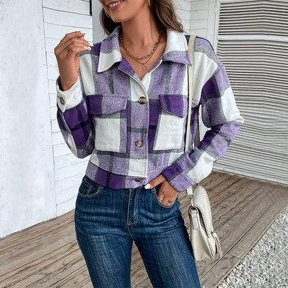 Plaid Lapel Cropped Jacket with Pockets Fashion Button Long Sleeve Short Outwear Tops Coat for Womens Clothing